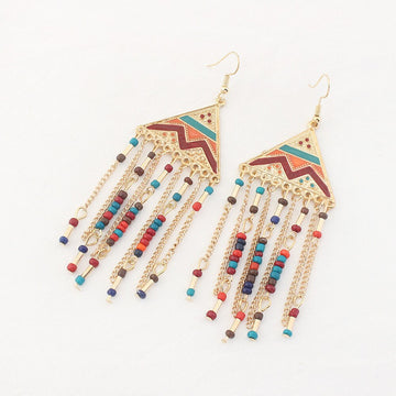 Vintage Ethnic Beads Chain Tassel Hanging Dangle Earrings for Women Geometric Triangle Fashion Drop Earring Jewelry Accessories daiiibabyyy